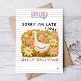 Bügelbild „Dilly Dallying“ – lustiges Gänse-Motiv mit Blumen (17×17 cm)