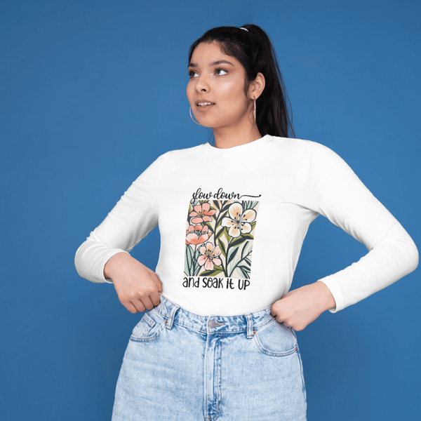 Bügelbild „slow down“ – pastellfarbenes Blumenmotiv