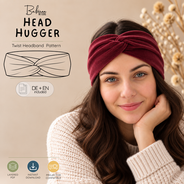 Head Hugger Schnittmuster: geknotetes Turban-Stirnband aus Jersey, Kopfumfang 38–60 cm, Anleitung Deutsch und Englisch