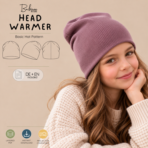 Head Warmer Mütze Schnittmuster – Titelbild mit Mädchen und Beanie in Altrosa