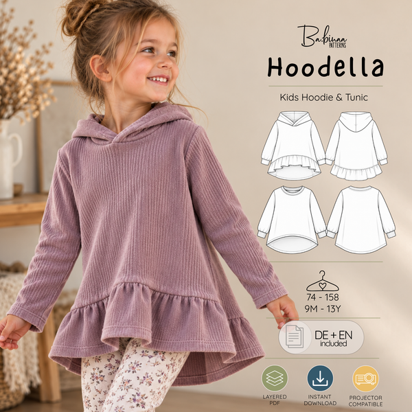 Hoodella sewing pattern: A-line girls hoodie with ruffle hem, sizes 74–158 (9M–13Y), English and German instructions