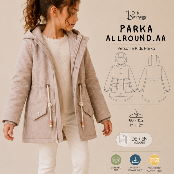 Parka Allround.aa Schnittmuster: Kinderparka mit Kapuze und Tunnelzug, Gr. 80–152, Anleitung Deutsch und Englisch