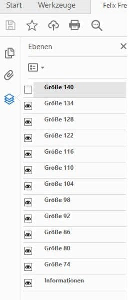 Ebenen-Bedienfeld im Adobe Reader mit den einzelnen Größen