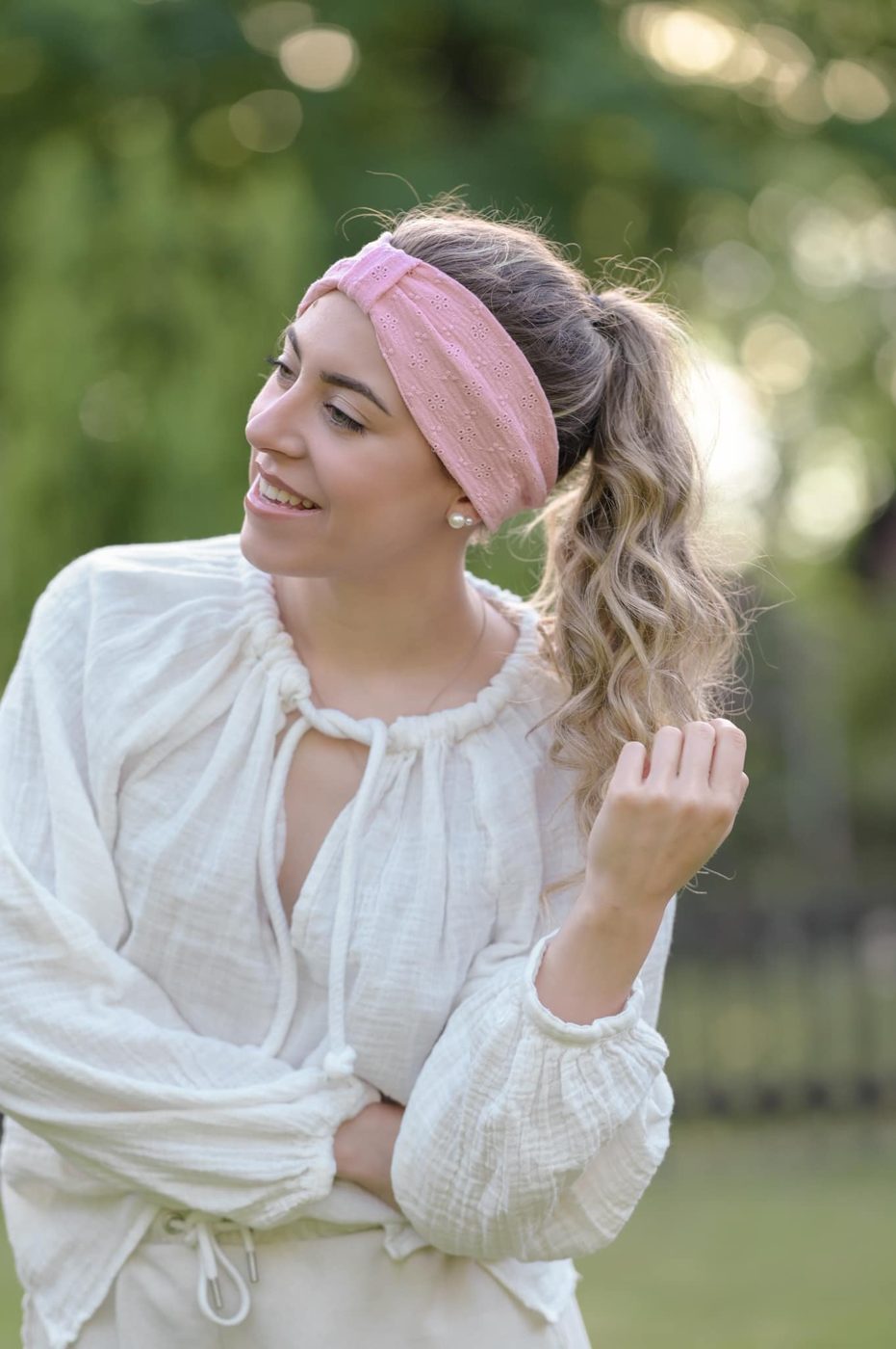 Woman wearing a handmade muslin headband